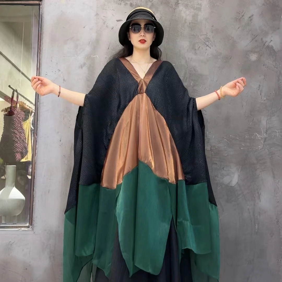 休闲阔版宽松连衣裙时尚百搭拼接拼色连衣裙7180