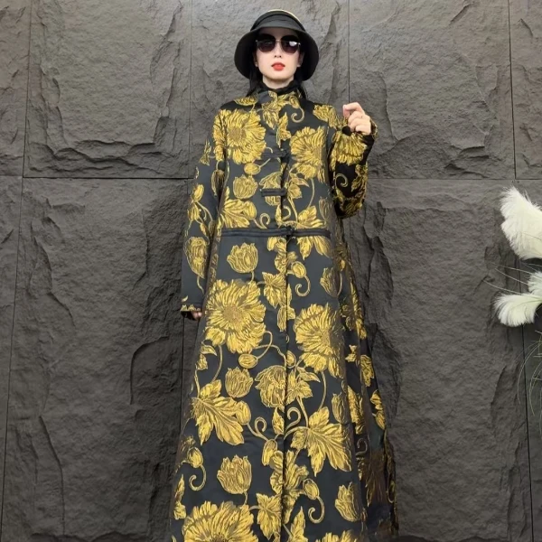 金色提花宽松休闲棉衣外搭国风长款新中式复古长棉衣8386