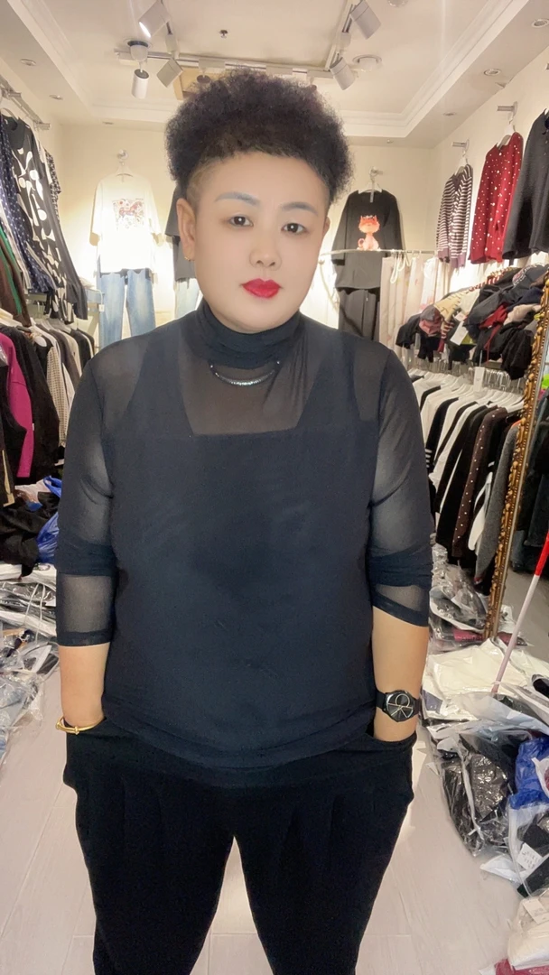 洋气简单高领双层纱打底衫9912