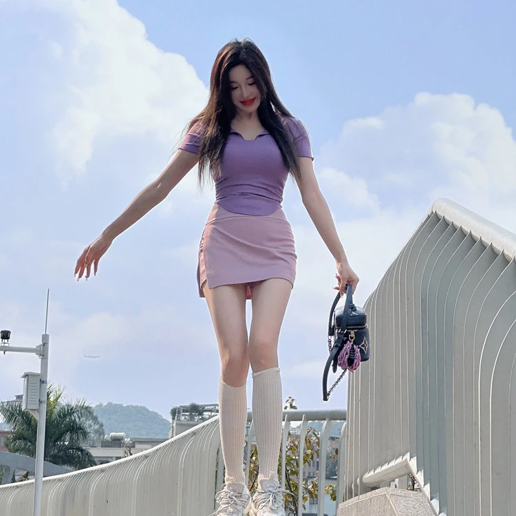 辣妹夏季时尚气质显瘦短袖打底T恤+纯色百搭超短高腰裤裙短裙套装
