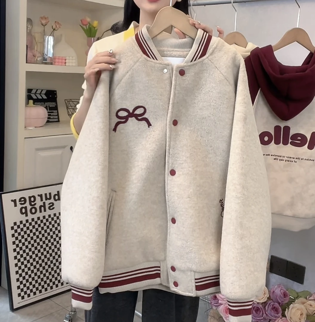 女童夹棉毛呢棒球服外套秋冬2024新款中大童韩版加厚棉服学生棉衣