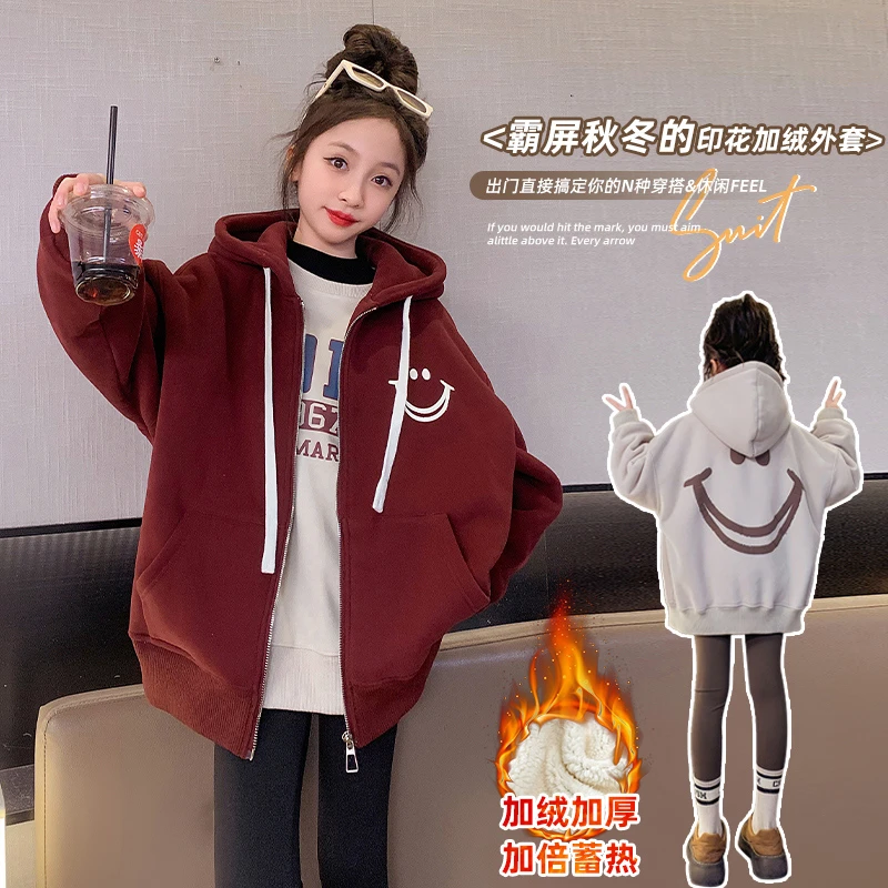 女童卡通印花加厚连帽卫衣外套2023秋冬新款韩版网红女孩上衣洋气