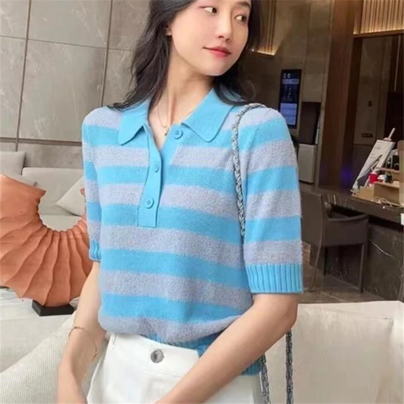 【商场同款】2024百搭Polo领条纹针织短袖t袖女上衣摩登猫1399718