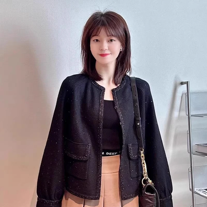 【AMSSGIRD】秋季新款百搭宽松圆领毛呢小香风外套5400312