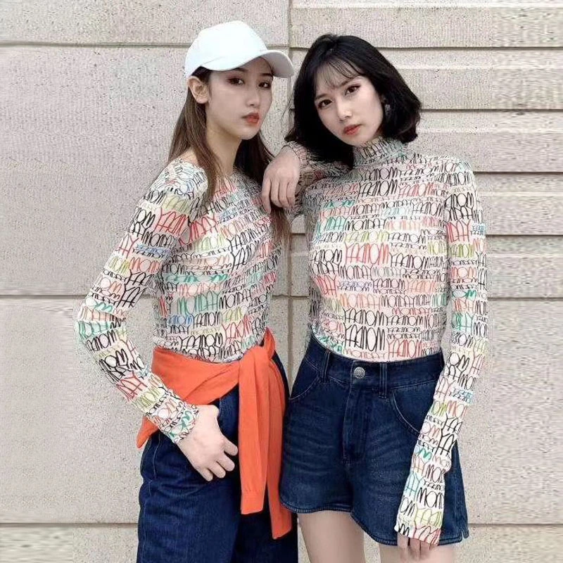 【AMSSGIRD】春夏新款薄防晒印花网纱长袖T恤打底衫内搭纱衣