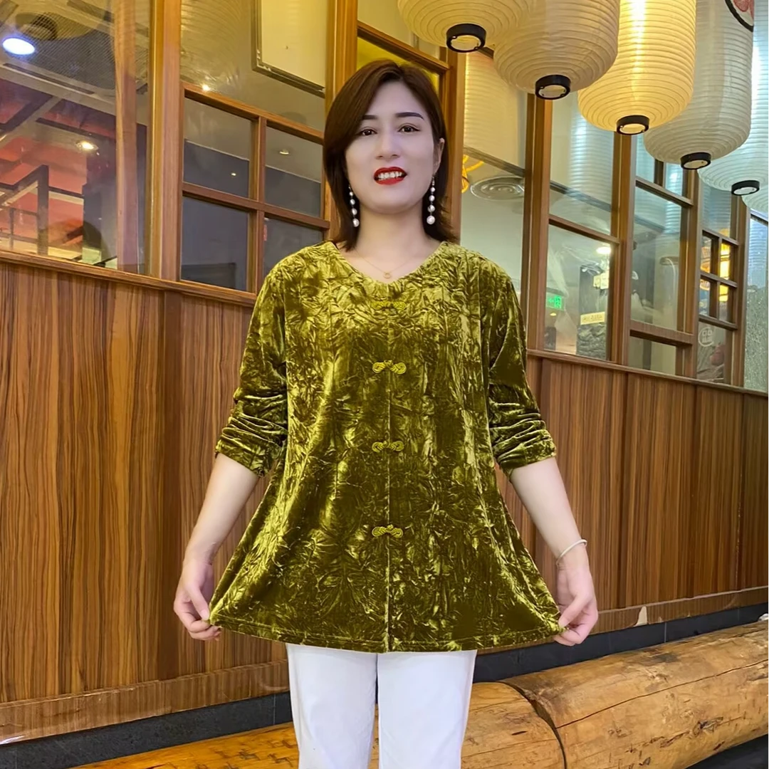 2024秋季长袖新款金丝绒复古盘扣气质中长洋气大版衫