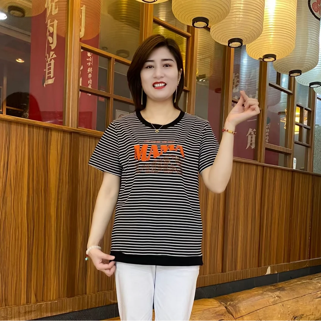 2024夏季新款时尚百搭休闲减龄宽松圆领显瘦条纹衫