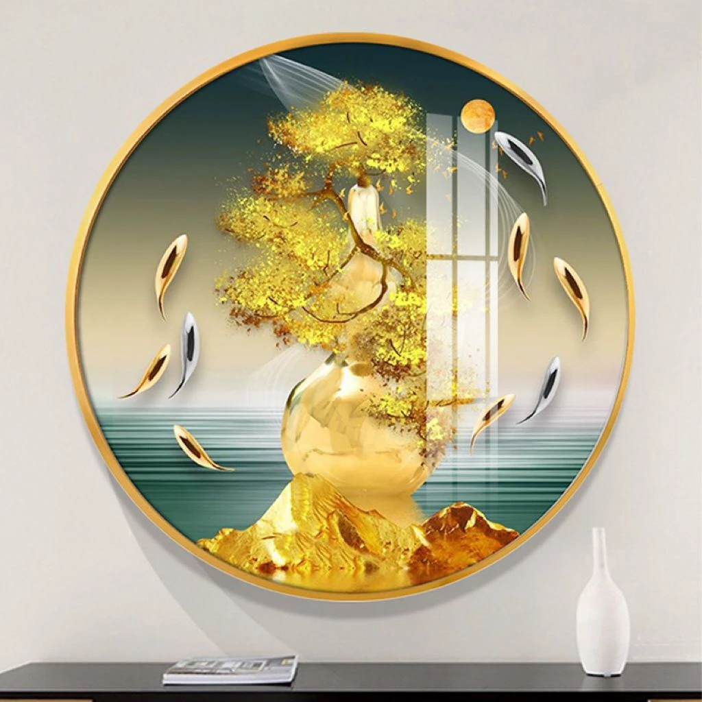 进门九鱼图餐厅装饰画现代玄关轻奢圆形墙壁画客厅走廊过道挂画