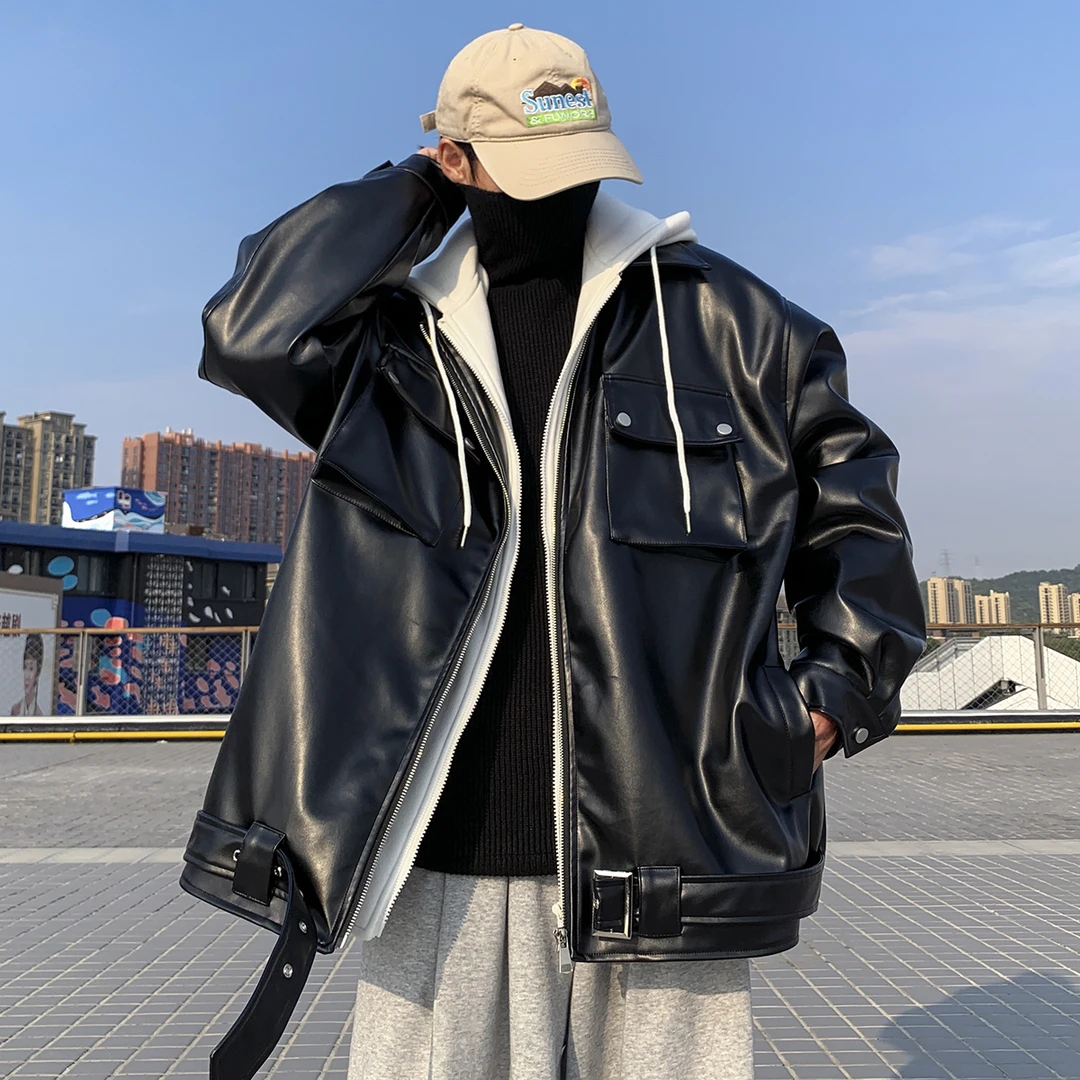 假两件皮衣外套男加绒加厚潮牌痞帅连帽棉衣冬季新款男士机车夹克