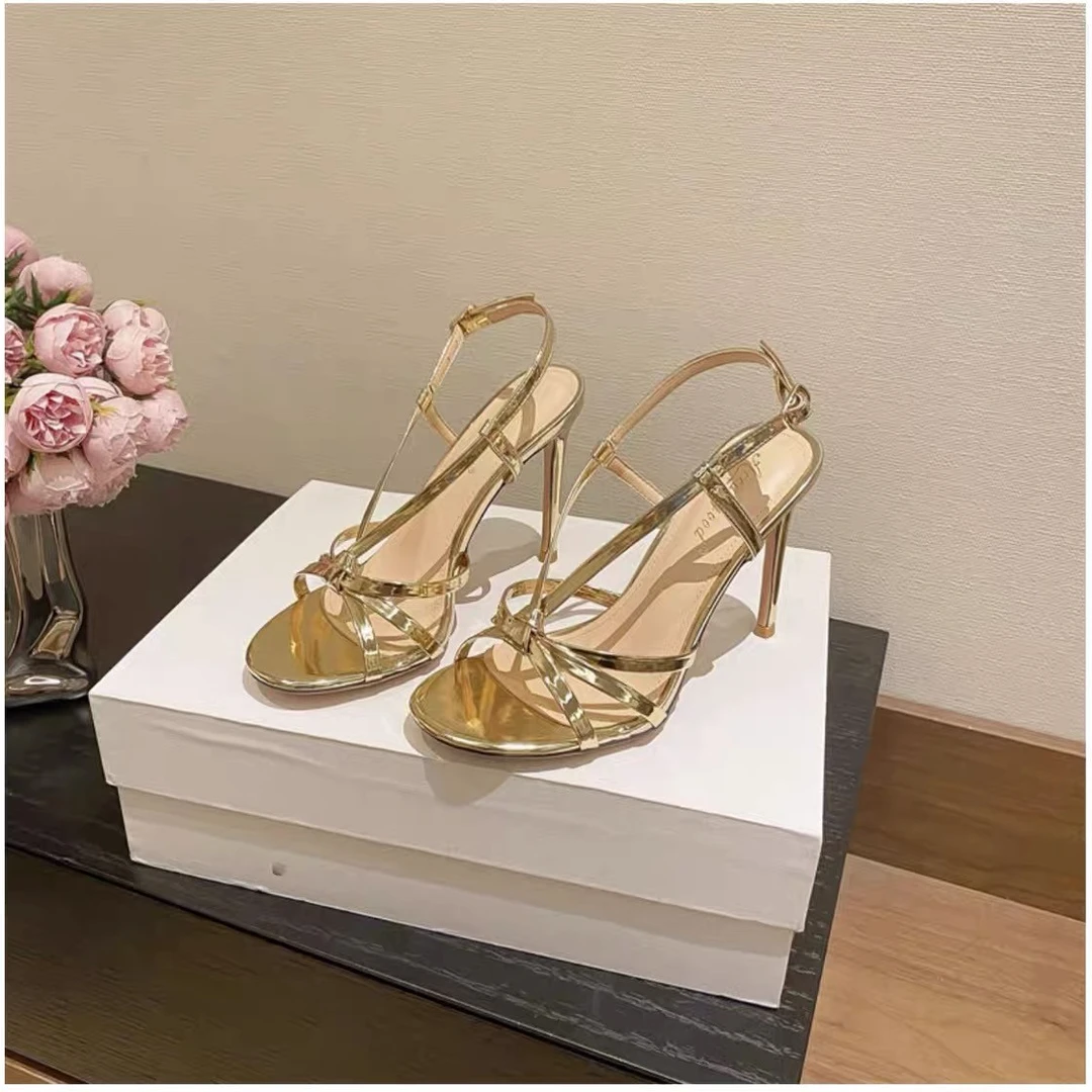 AcueSbdjes【优雅茂专属】24年春夏一字带金色高跟鞋法式露趾凉鞋女