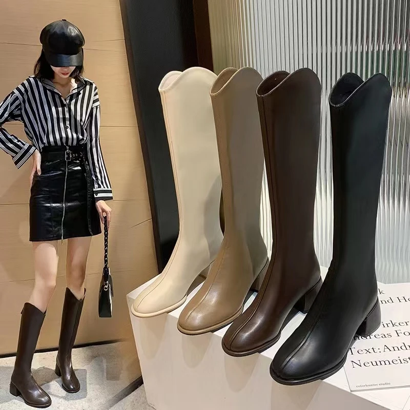 卓诗ZS长筒靴女粗腿2023秋冬新款大筒围大码高跟高筒V口骑士靴