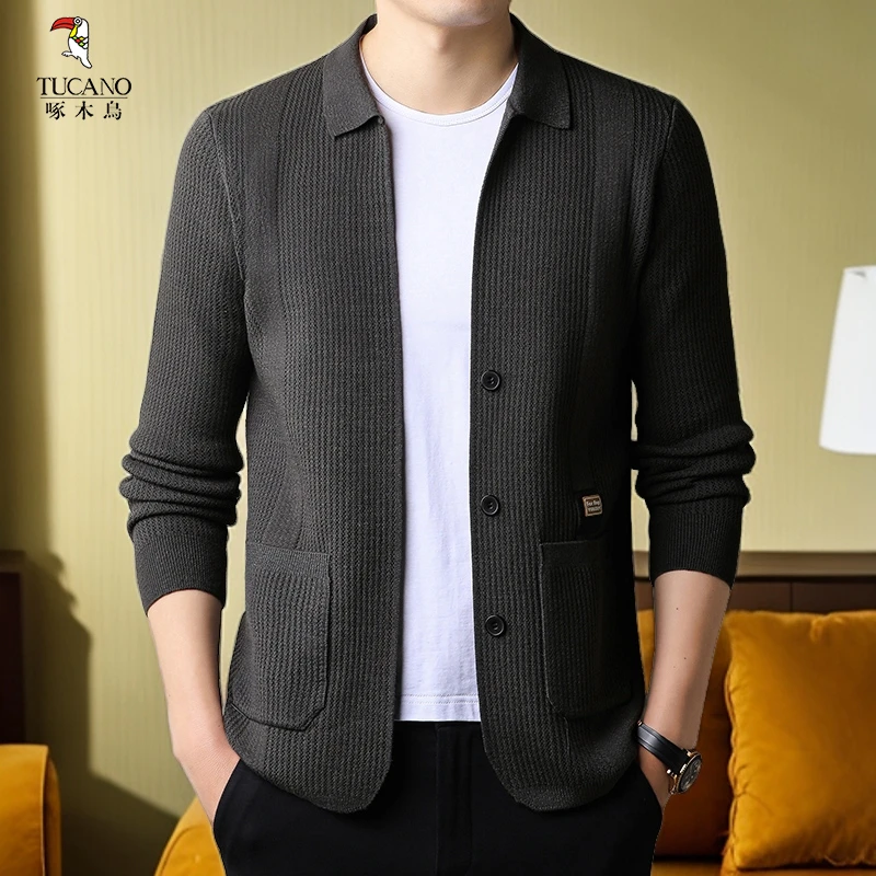 啄木鸟外穿开衫毛衣男春秋新款翻领针织衫宽松休闲薄款男士外套