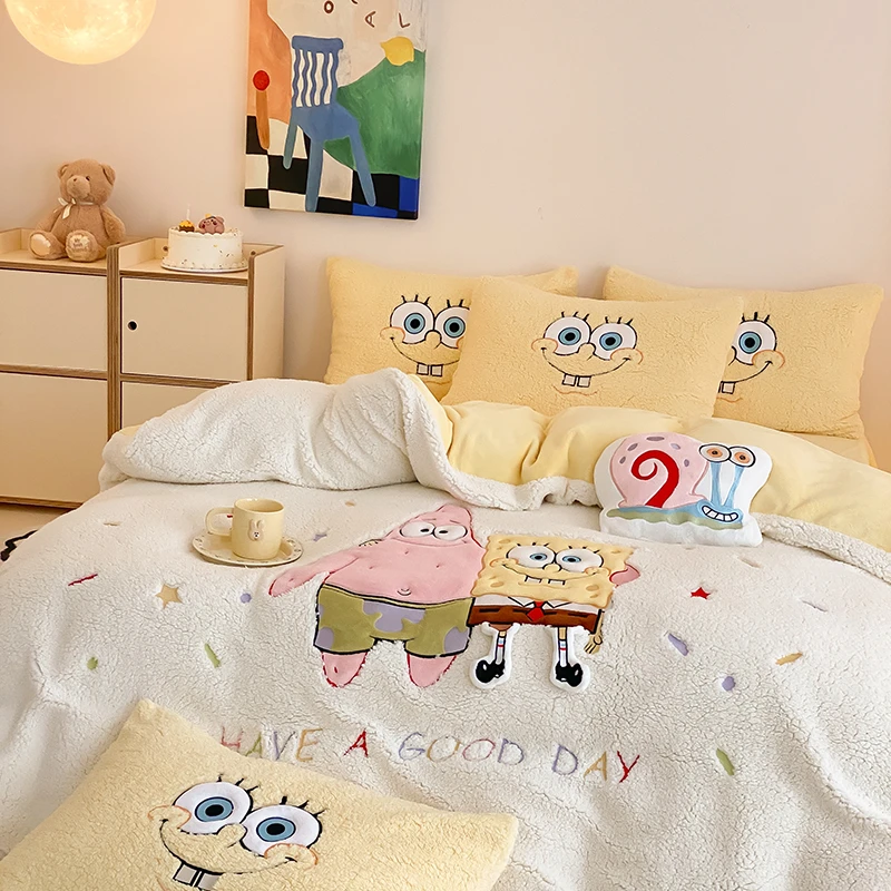 SW 7726 牛奶绒仿羊羔绒绣花四件套 海绵宝宝-黄