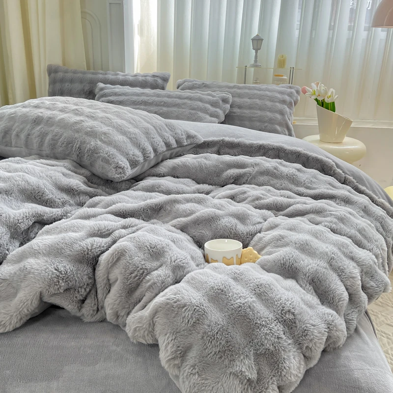 HC 6970 新款仿兔毛绒泡泡加厚保暖四件套 雅致灰