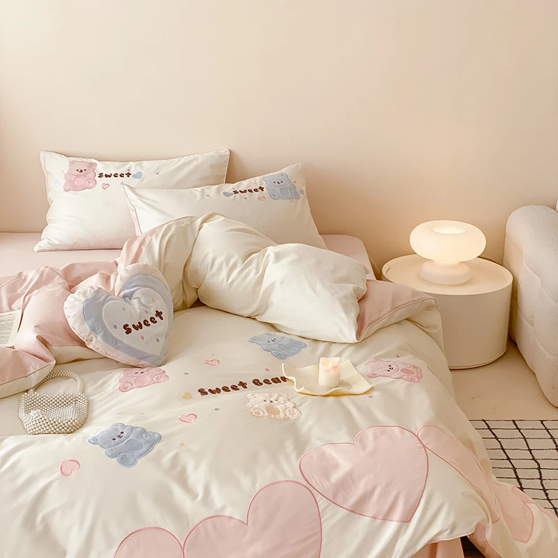 XX 6223 新款高支双股澳棉高精致贴布刺绣四件套 甜蜜小熊-粉