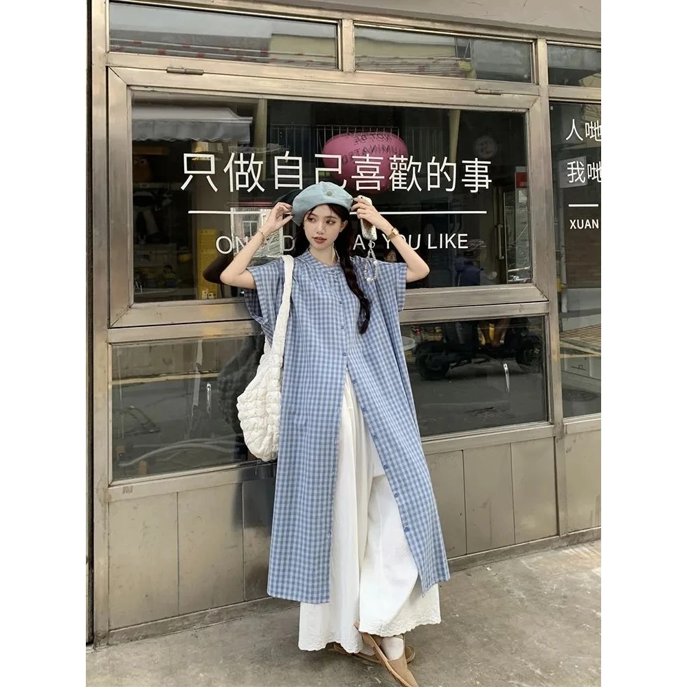 韩系圆领撞色格纹长款宽松短袖衬衫+女夏高腰显瘦阔腿裤两件套装