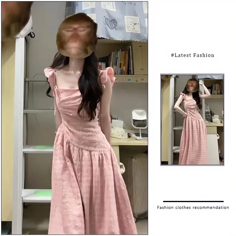 法式甜美方领小飞袖连衣裙女2025夏季新款粉色气质收腰显瘦长裙子