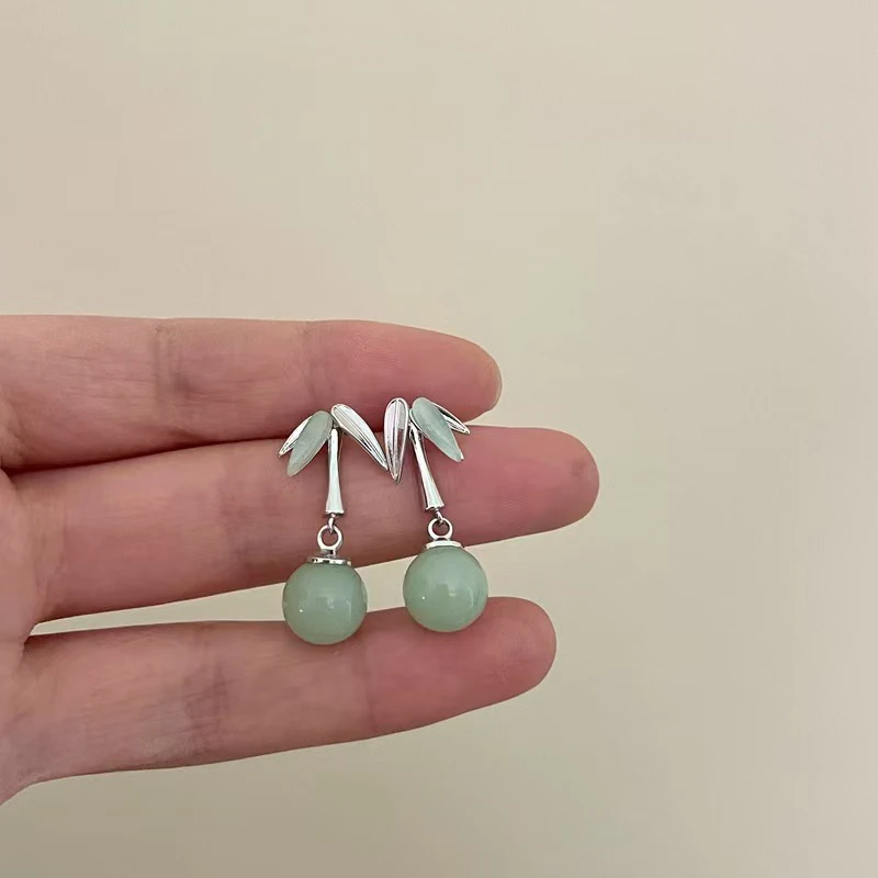 铜合金耳饰 「绿竹幽径」新中式珠子耳环旗袍国风美人耳饰手工