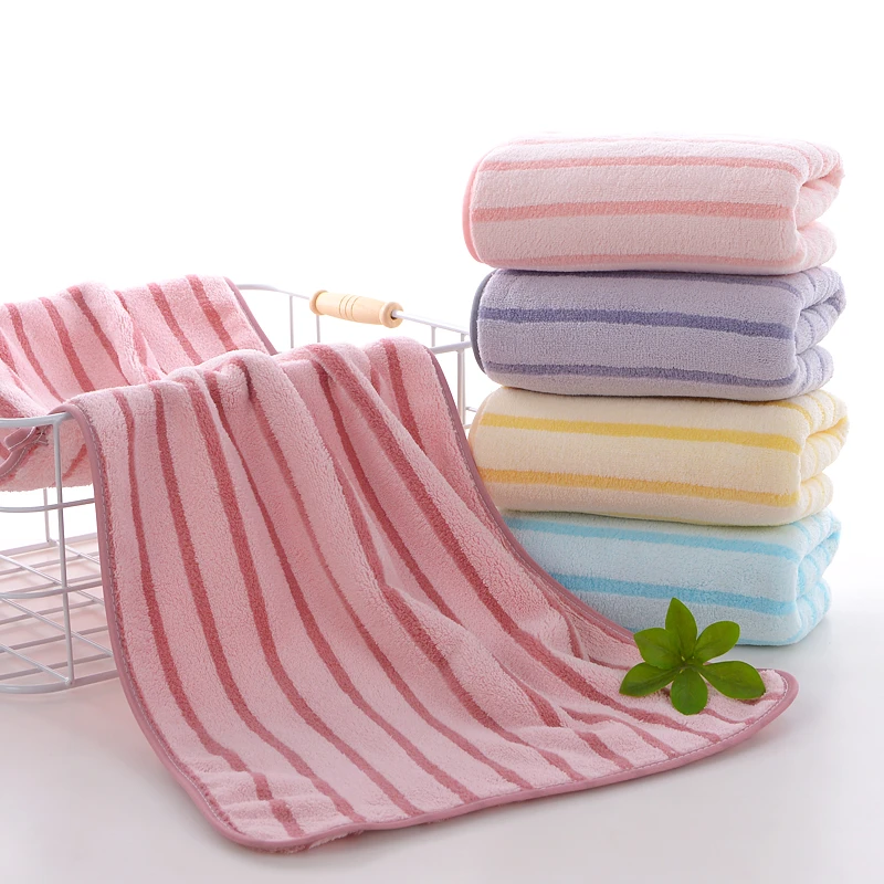 珊瑚绒条纹家用吸水毛巾学生成人情侣日用柔软亲肤加厚旅行必备品
