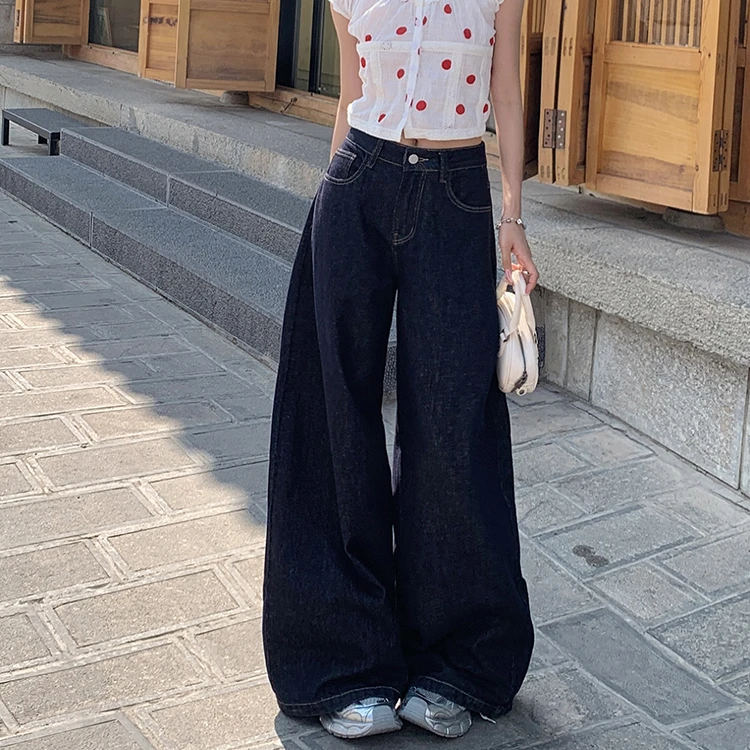 复古深蓝色小个子高腰阔腿牛仔裤女新款宽松显瘦垂感直筒拖地长裤