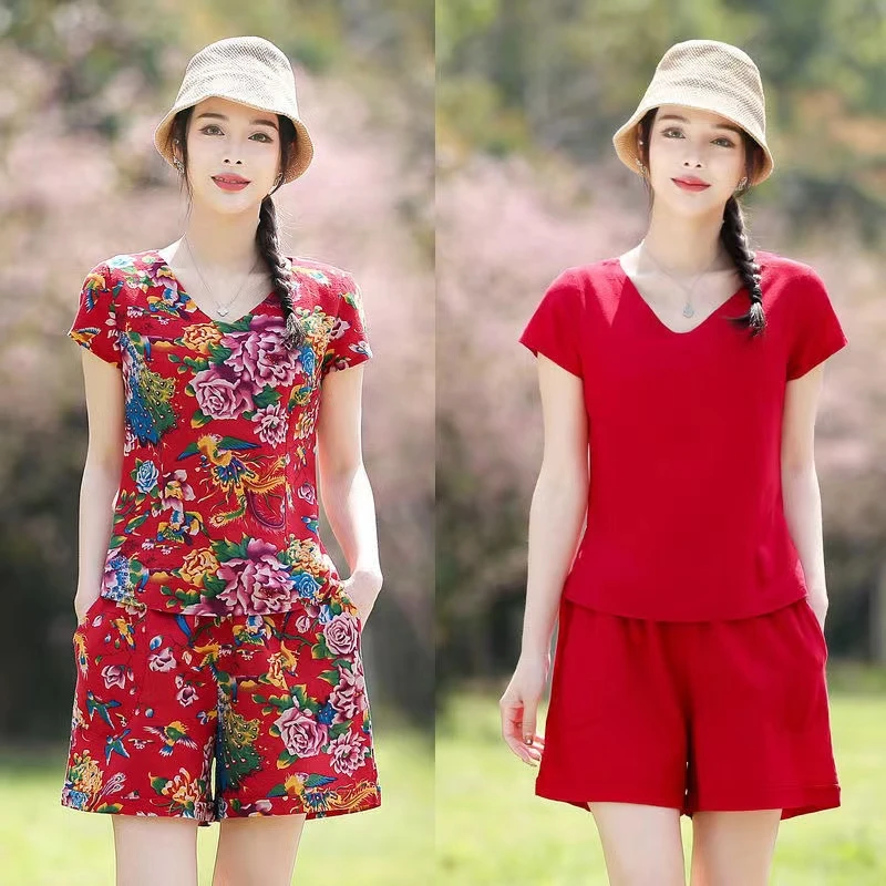 新款东北大花棉麻套装女时尚外穿夏季两件套短袖短裤休闲洋气套装