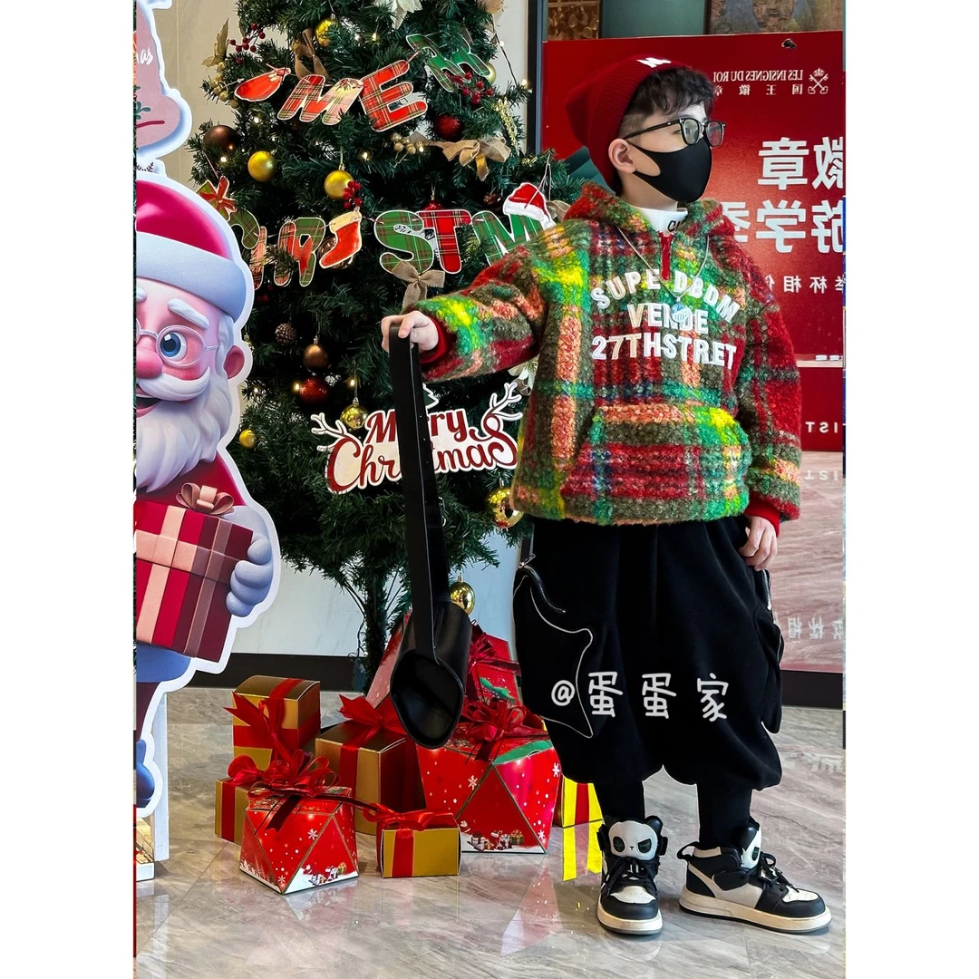 儿童圣诞卫衣加绒冬季新款男童加厚连帽套头衫彩色红格韩版上衣潮