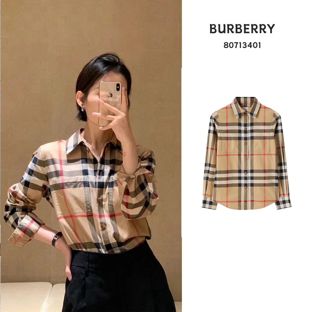 全新未使用 BURBERRY/博柏利 大格纹印花满印尖领纽扣长袖衬衫