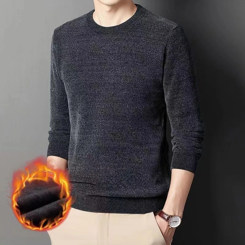 男士冬季加绒加厚保暖雪尼尔套头圆领净版纯色毛衣经典商务休闲