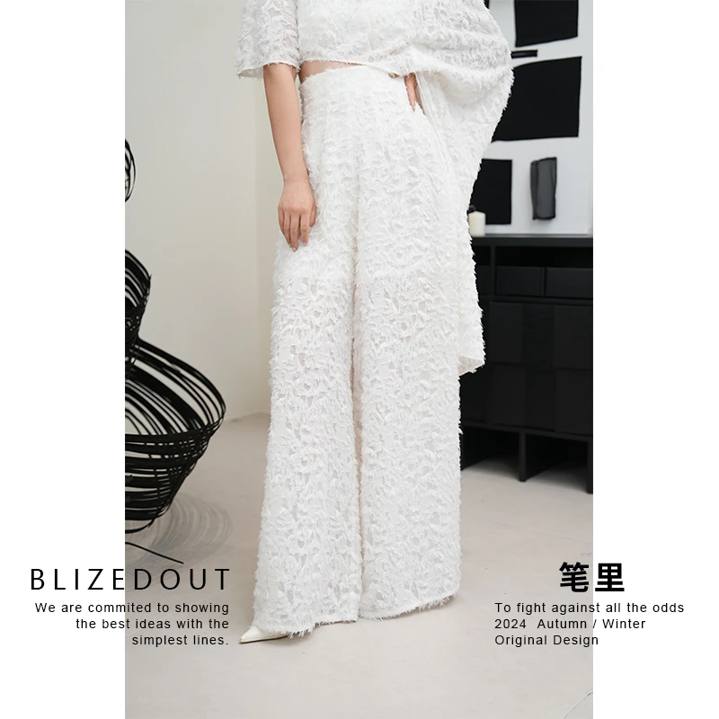 笔里【BLIZEDOUT】独立设计4050107黑白两色高腰休闲磨毛垂感阔腿裤