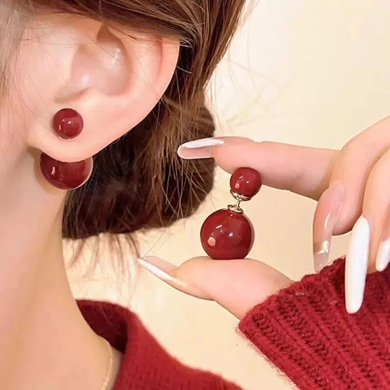铜合金仿珍珠耳饰 气质轻奢时尚百搭双面大小珠珠红色耳环QC1805