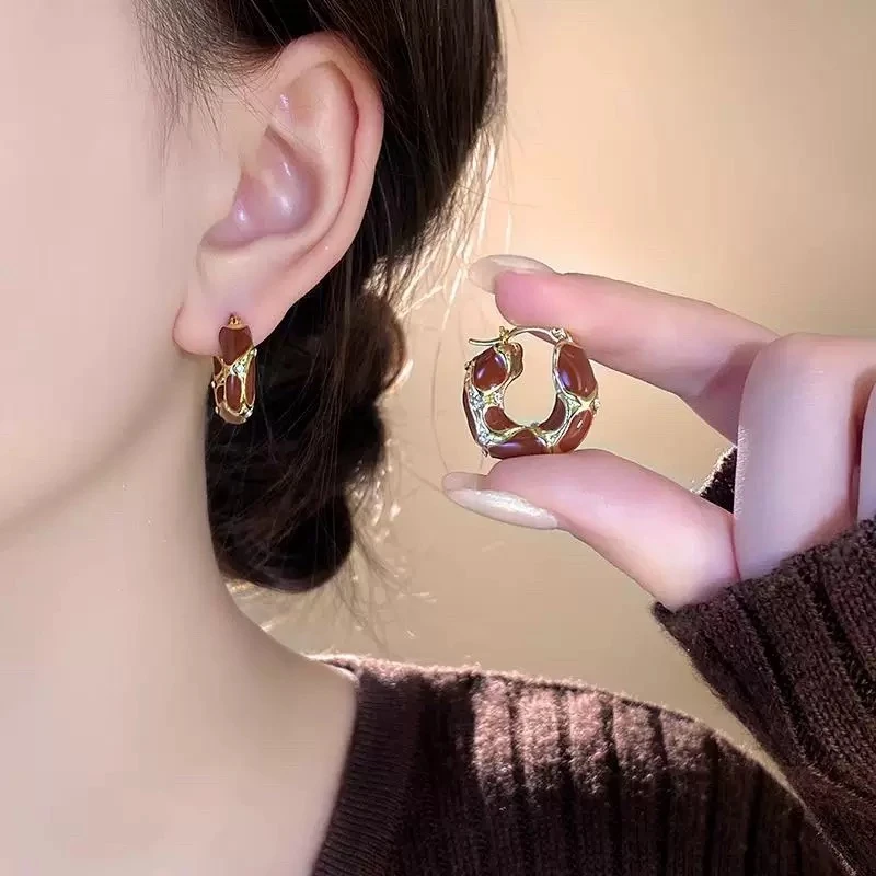 铜合金珐琅耳饰 熔岩花纹耳环秋冬美拉德色系轻奢高级感QC2534