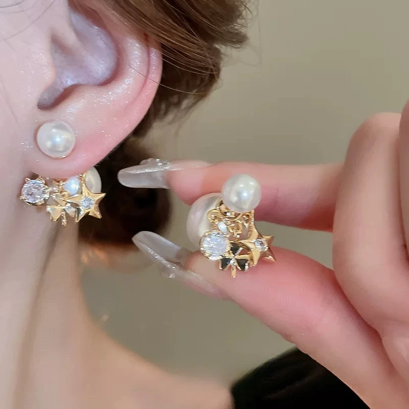 铜合金仿珍珠耳饰 时尚百搭星星双面珠珠独特轻奢气质耳环QC2437