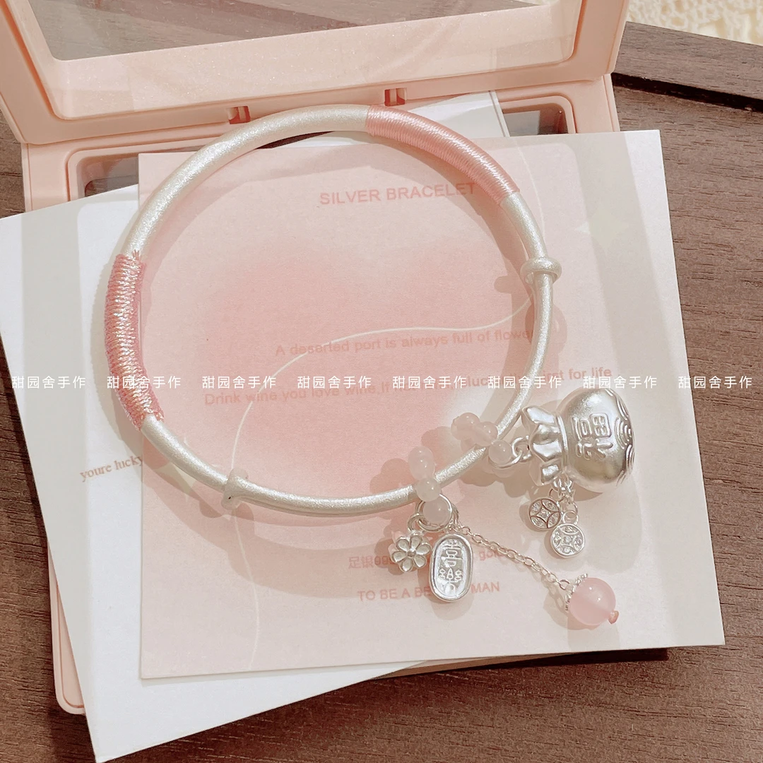 足银手镯 足银999古法胖福手镯女推拉闭口实心镯子送闺蜜女友礼物