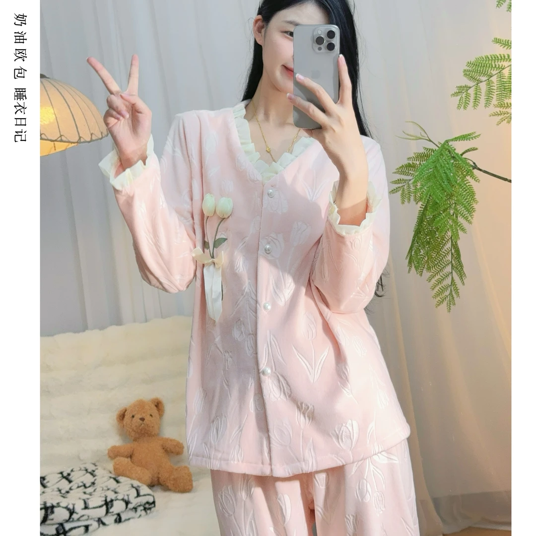 刺绣浮雕提花双面海岛绒睡衣女秋冬款上新家居服高级感