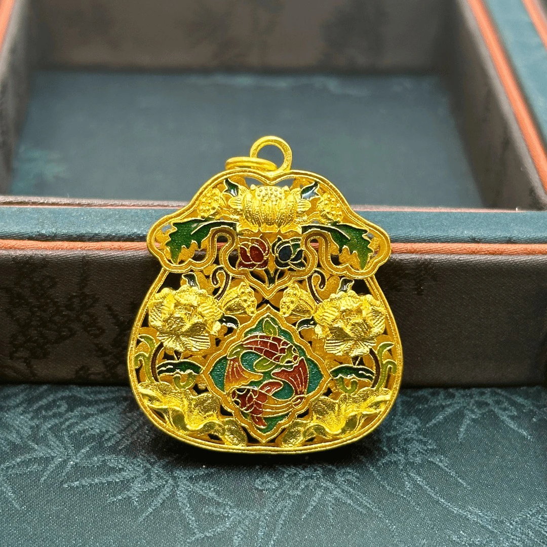 古法足金999高温烧蓝钱袋子
