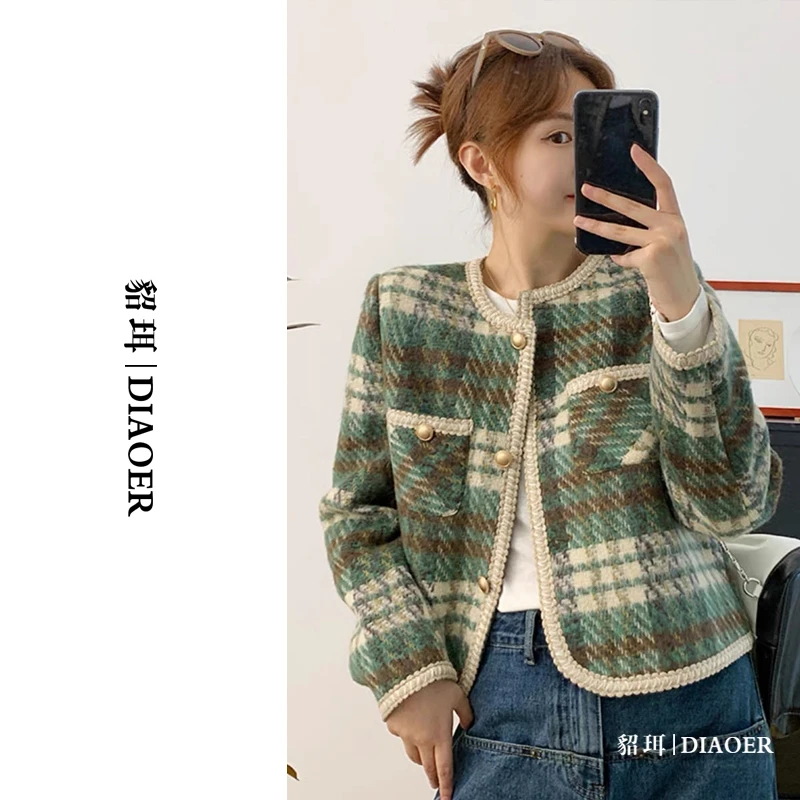 DIAOER/貂珥【绿格子】早秋2024新款格子流行漂亮小众毛呢上衣