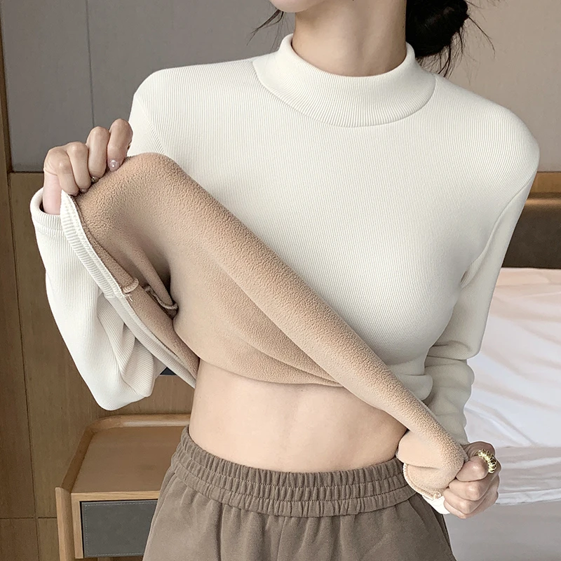醉梓菡半高领椰绒打底衫女秋冬加绒加厚中领内搭保暖上衣H331AR