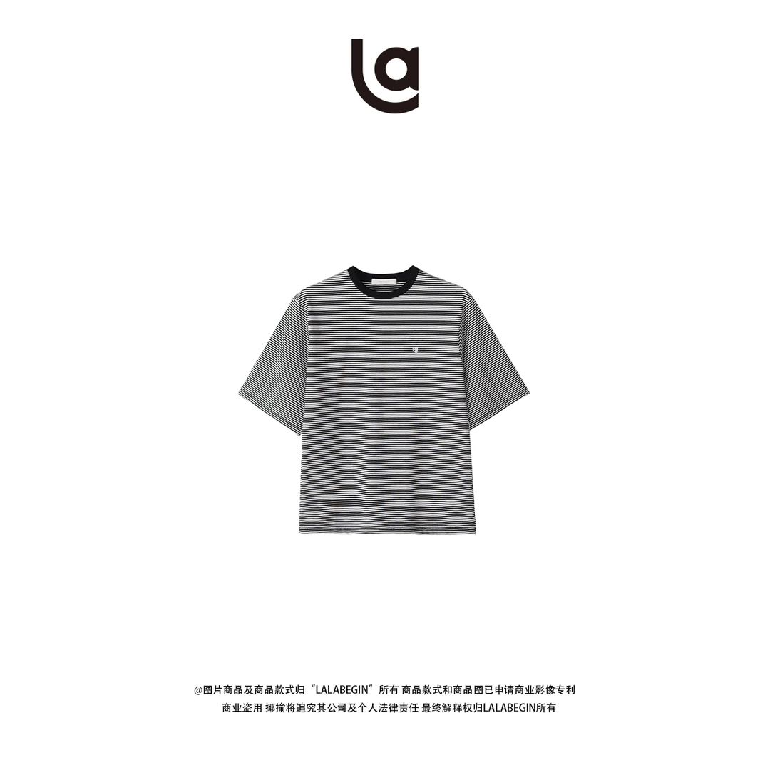 La La Begin三与叁山刺绣五分袖条纹百搭T恤