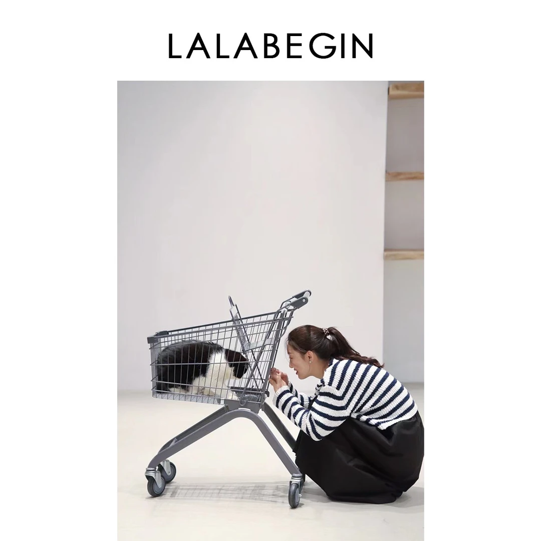 La La Begin金粉世家-双排金扣蓝白条纹开衫