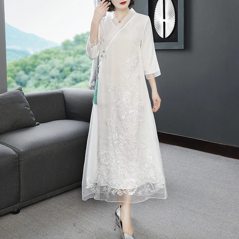 YFN-连衣裙女新款古文艺中长款连衣裙V领中国风绣花茶服禅意-6816