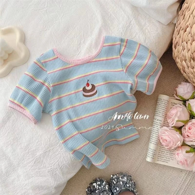 韩版童装女童短袖T恤衫2025夏季儿童针织衫蓝色条纹蛋糕女宝上衣