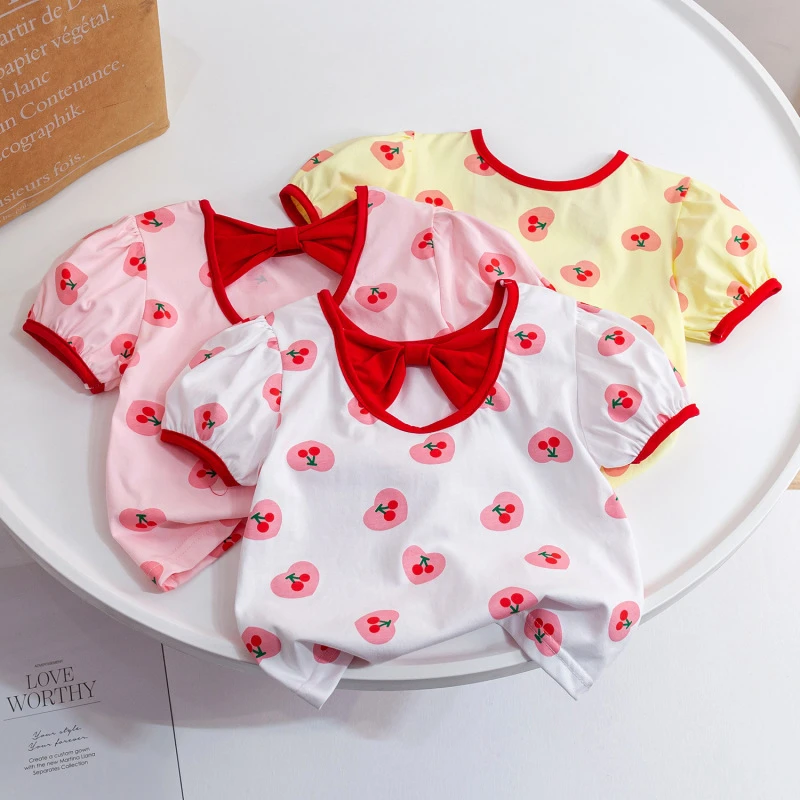 韩版童装2025夏季女童甜美爱心樱桃印花T恤洋气小女孩泡泡袖上衣