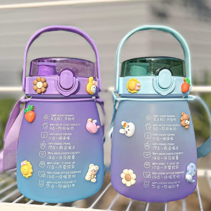 新款双饮大肚杯大容量户外学生水杯吸管便携超大渐变水壶磨砂水瓶