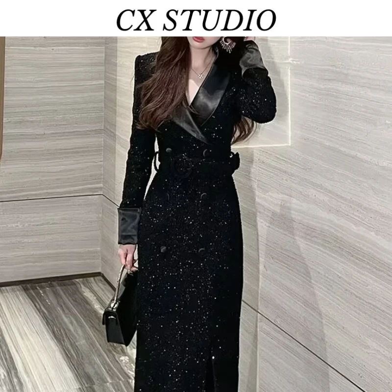 黑色长袖连衣裙气场强大连身裙早秋御姐穿搭裙子长裙HY9025