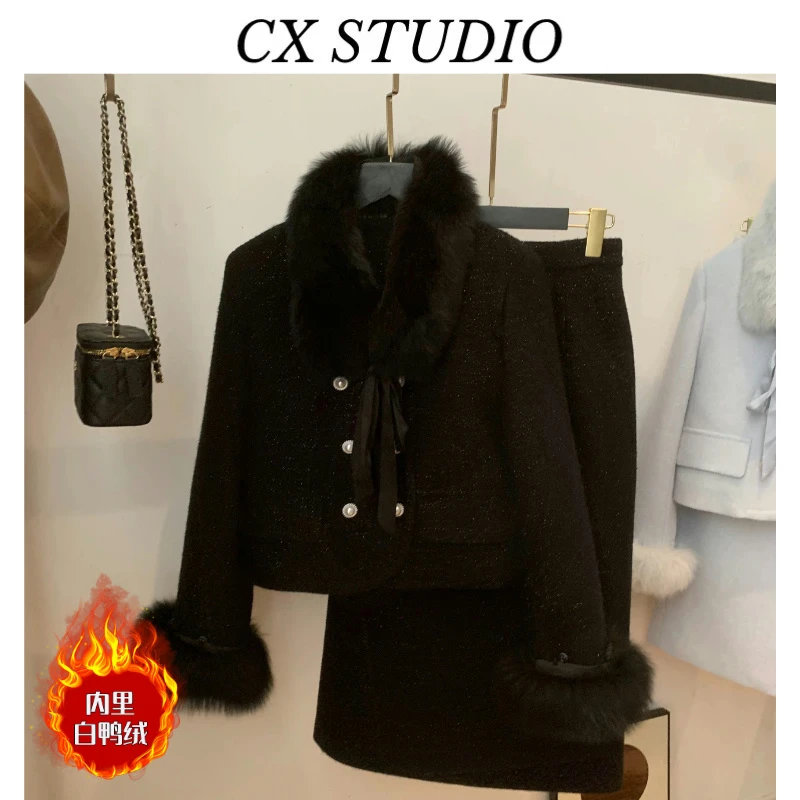 富家千金风加厚短上衣羽绒服外套半裙两件套装冬季女QZ55509A