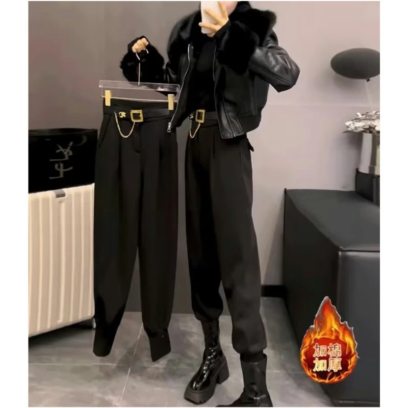 冬季加绒裤黑色小个子裤子女小脚裤高腰束脚哈伦裤子G8131