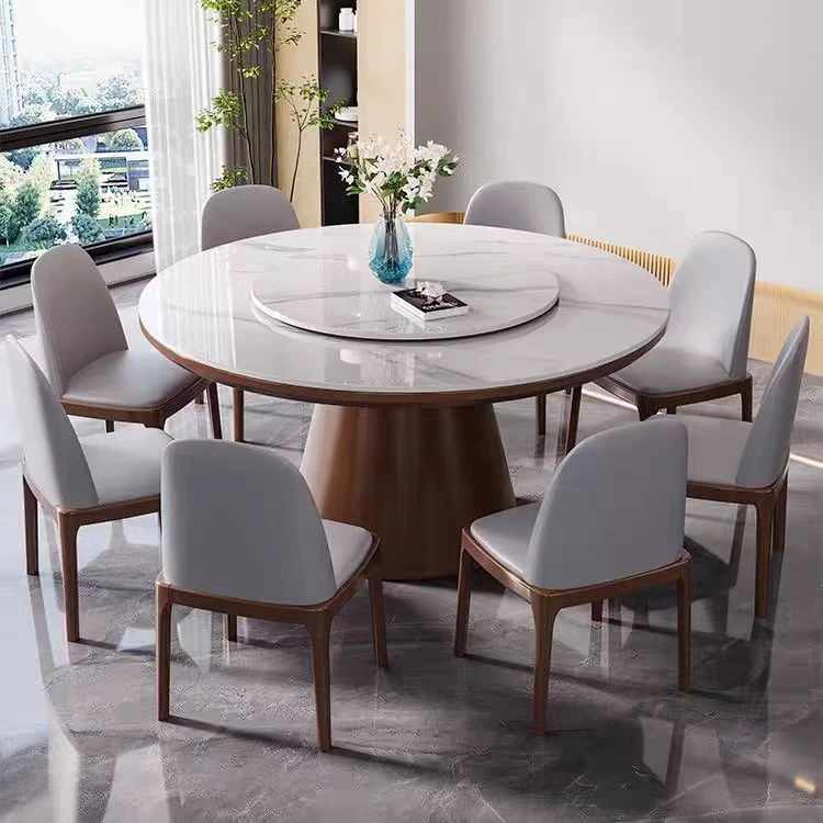 中古风实木岩板餐桌家用黑色圆形现代简约复古家用家用餐桌椅