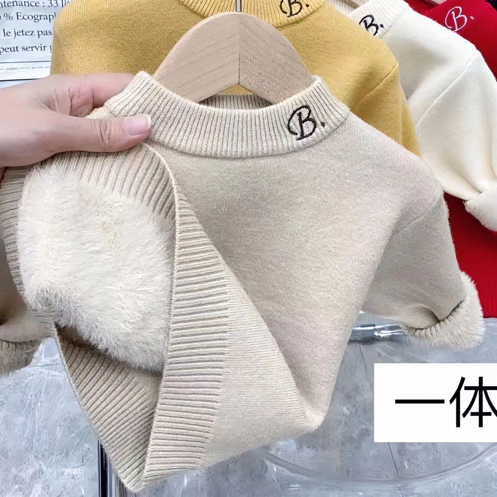 儿童加绒打底衫男童女童一体绒加厚半高领新款洋气长袖T恤童装
