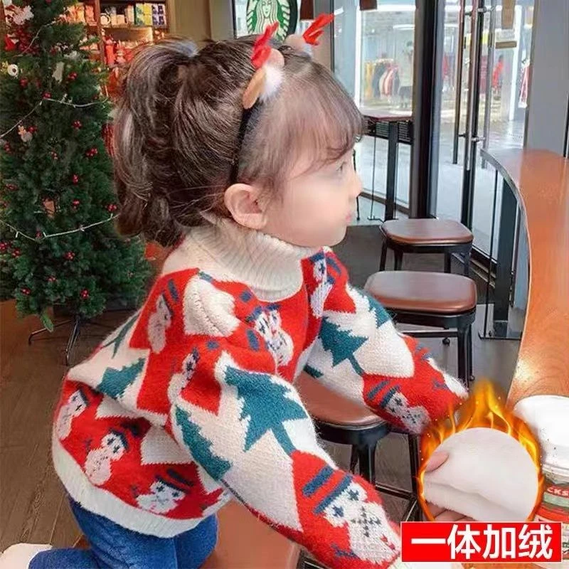女童秋冬圣诞毛衣年新款儿童高领针织衫宝宝冬季上衣小童洋气上衣