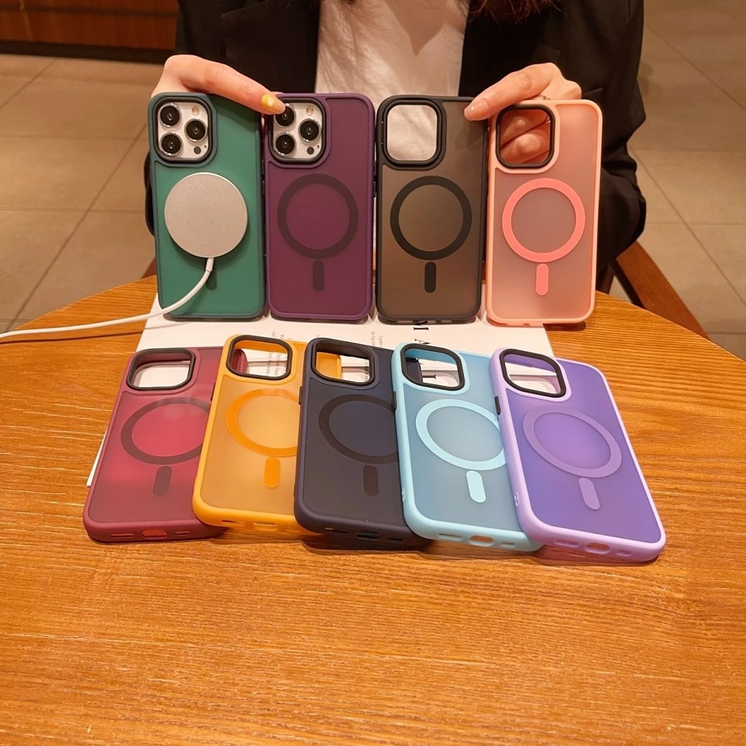 适用苹果15手机壳15ProMax磨砂肤感14Pro高级保护套磁吸底硬边软.